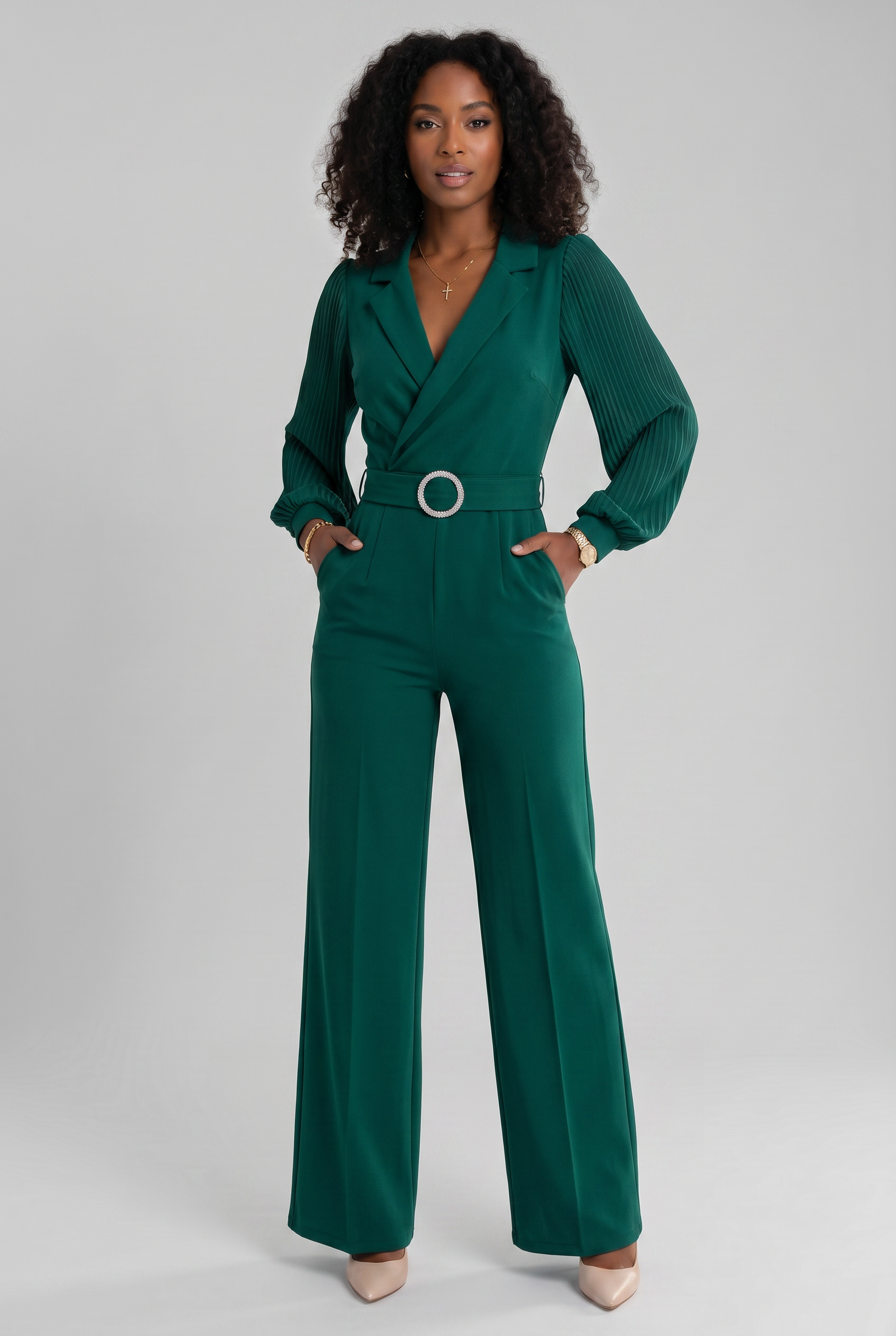 Long Sleeve Wide Leg Jumpsuit with V Neckline and Button Detail