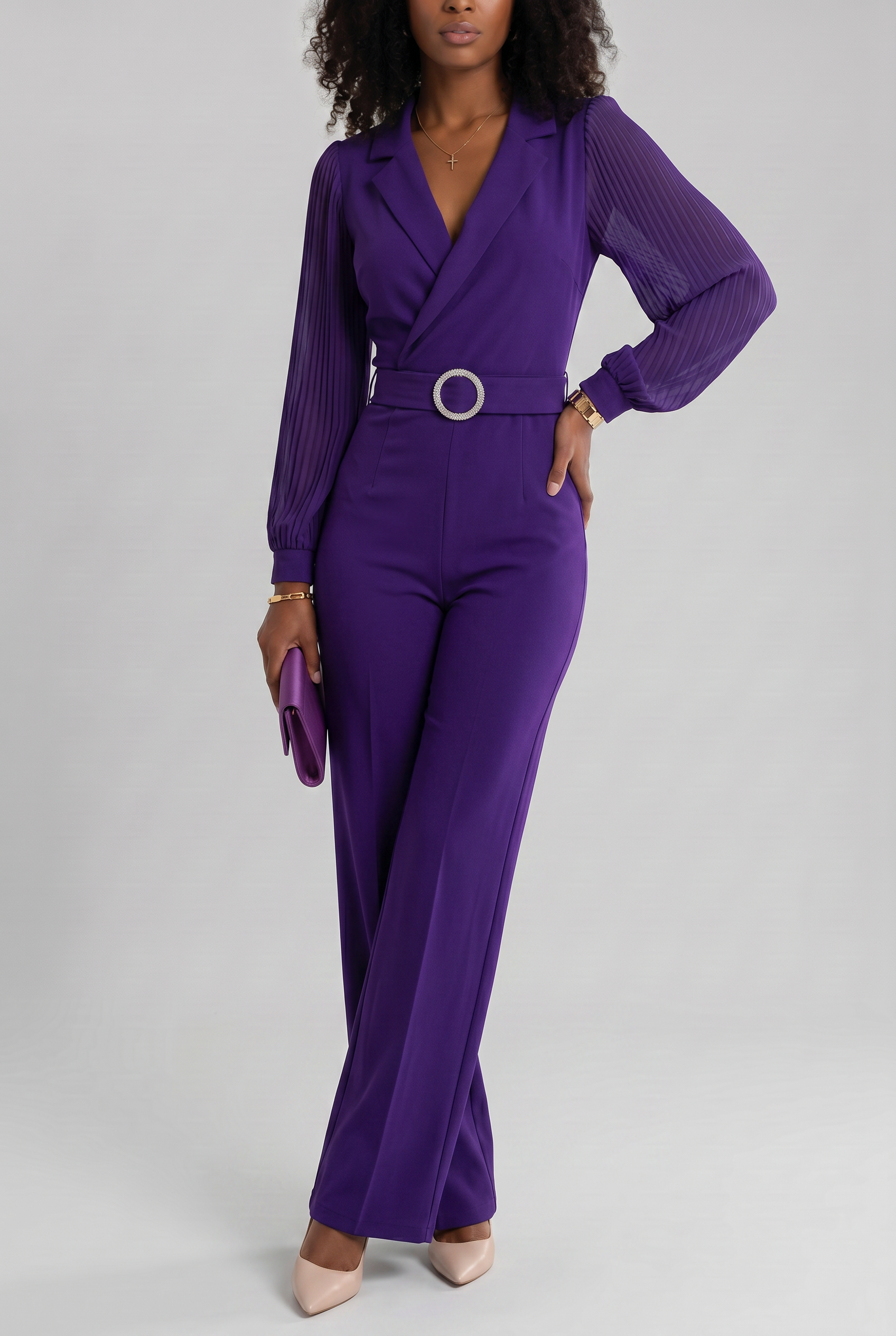 t*o様 SOMETHING AMERIACN SLEEVE ALL IN ON Long Sleeve Wide Leg Jumpsuit with V Neckline and Button Detail