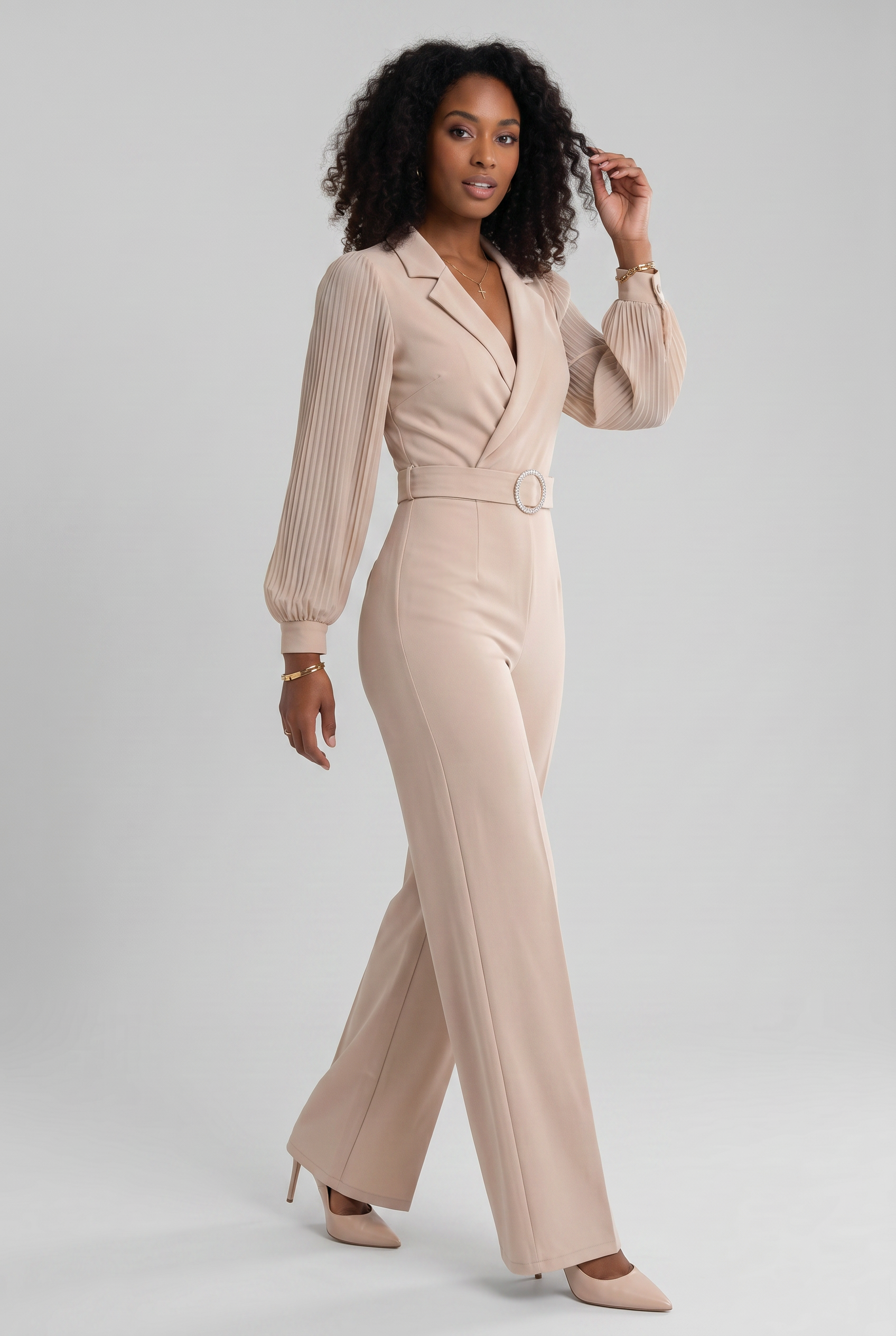 Long Sleeve Wide Leg Jumpsuit with V Neckline and Button Detail