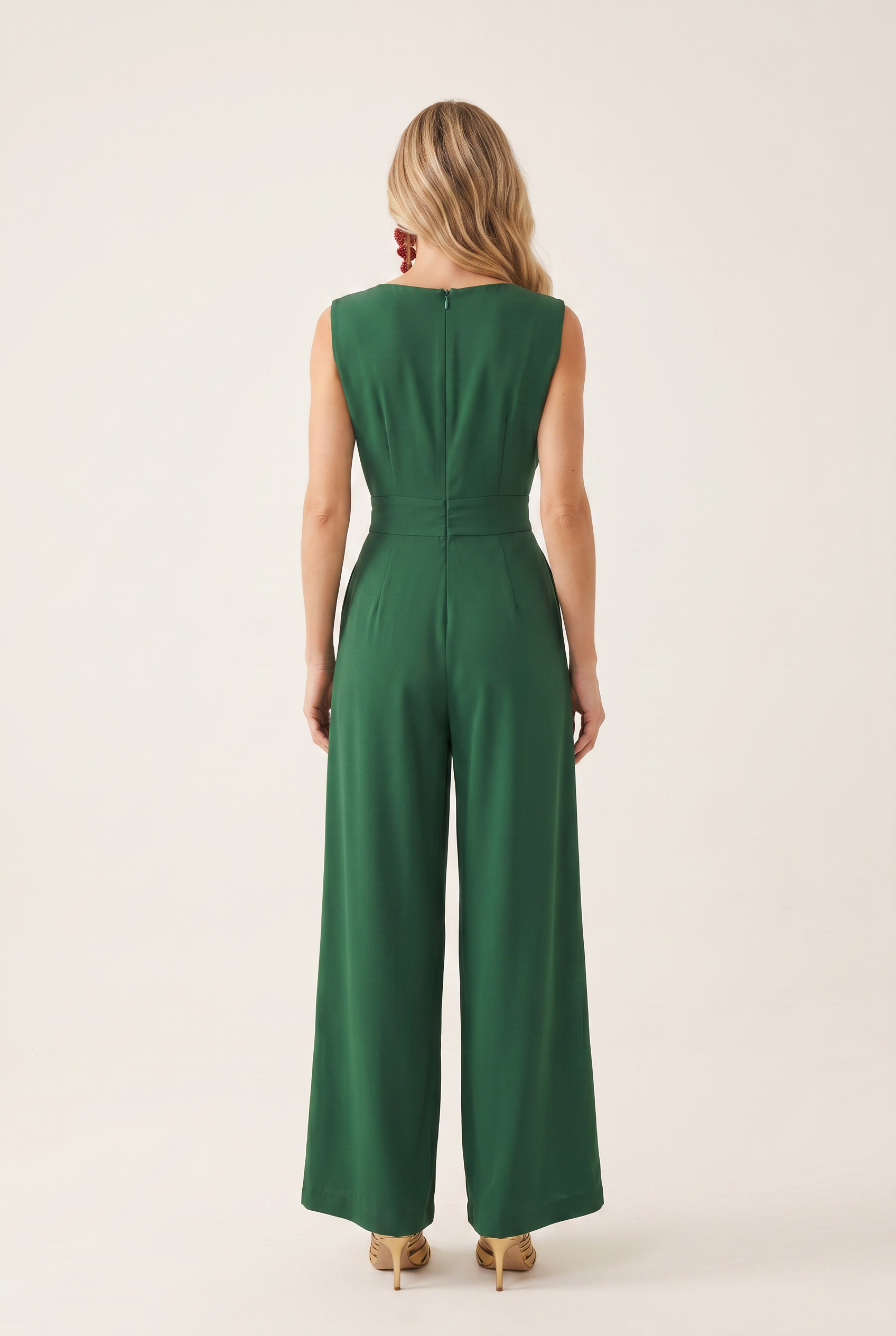 Wide Leg Jumpsuit with V Neckline and Side Pockets