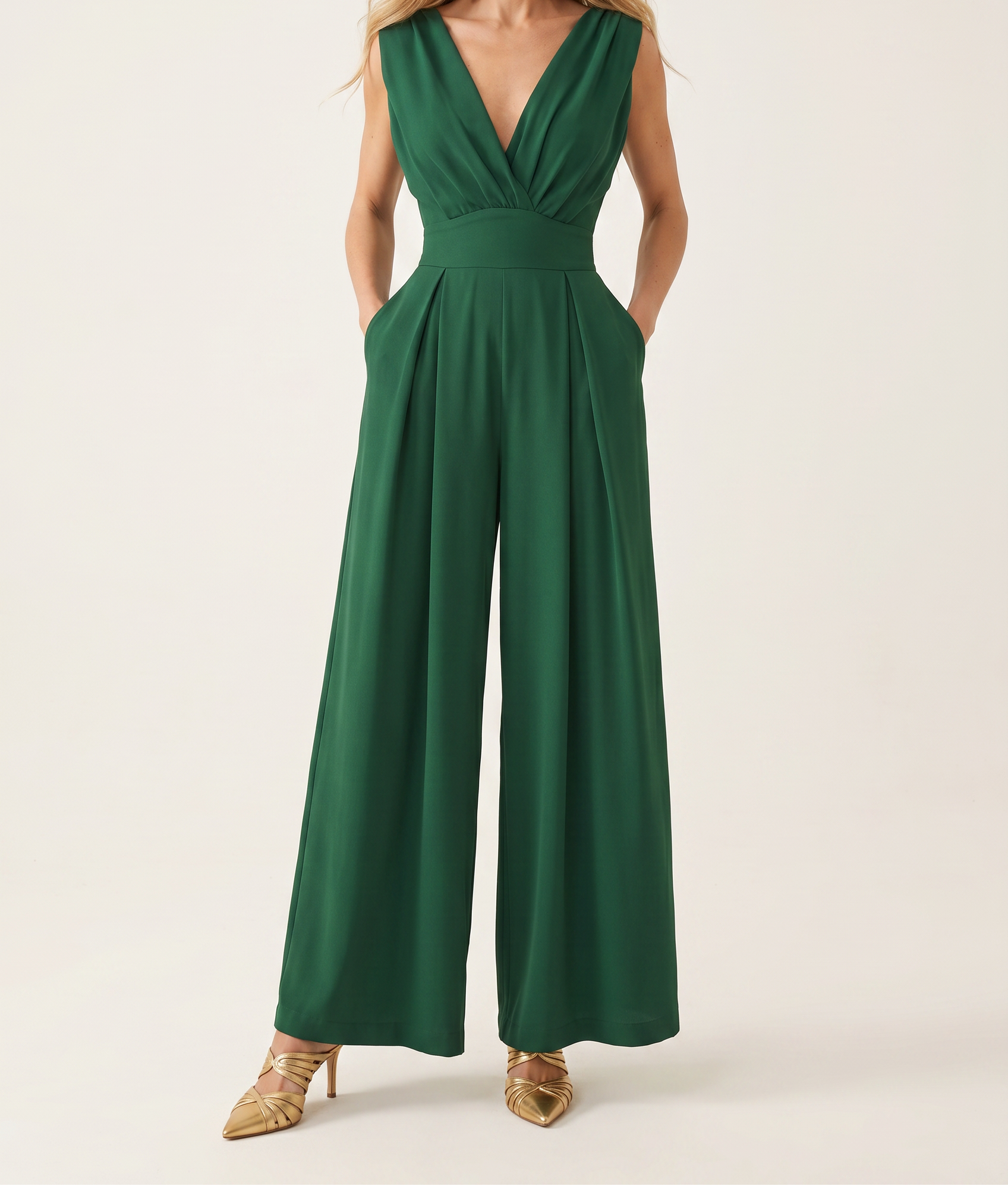 Wide Leg Jumpsuit with V Neckline and Side Pockets