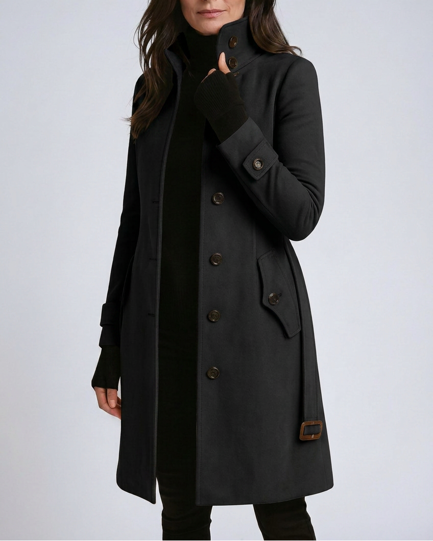 Women’s High Neck Longline Coat with Button Front