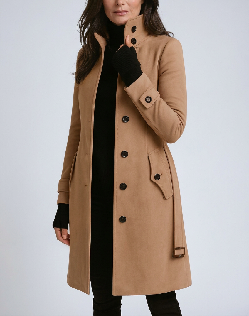 Women’s High Neck Longline Coat with Button Front