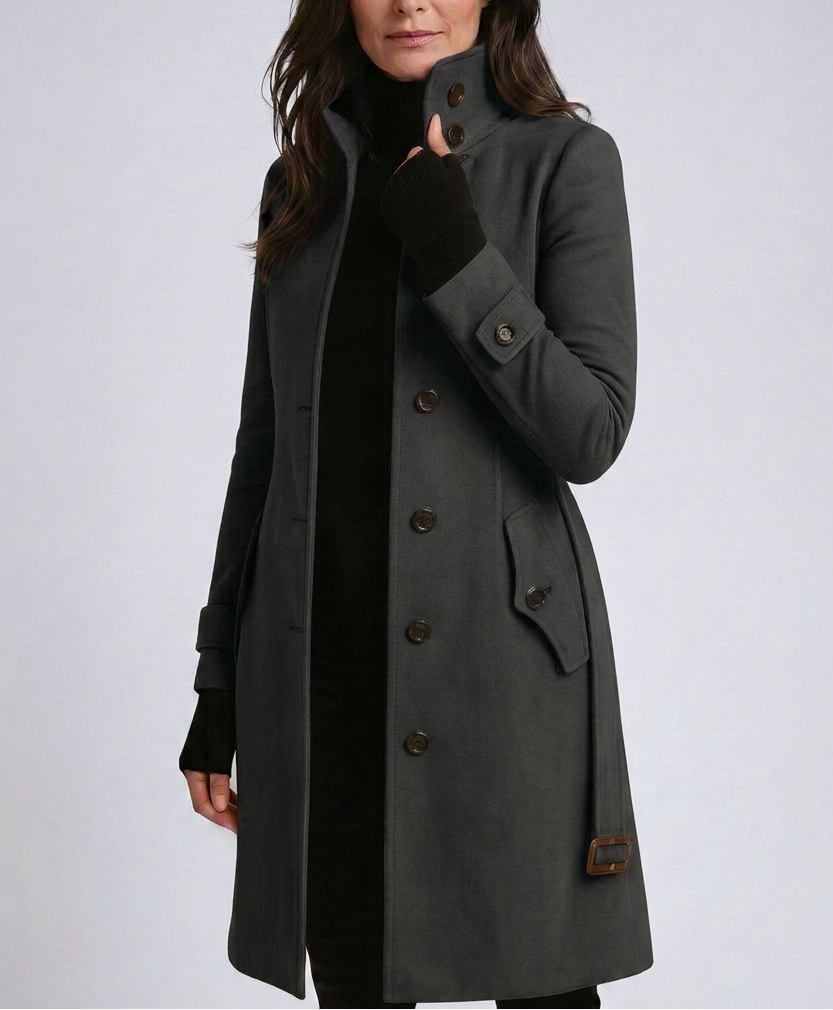 Women’s High Neck Longline Coat with Button Front