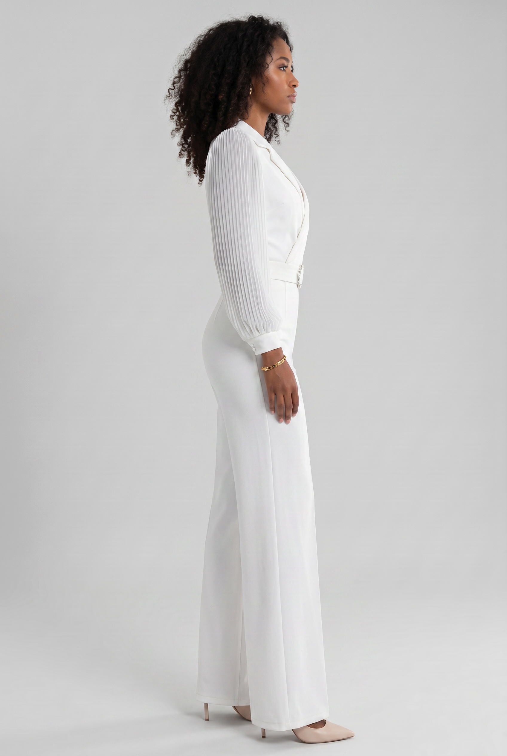 Long Sleeve Wide Leg Jumpsuit with V Neckline and Button Detail