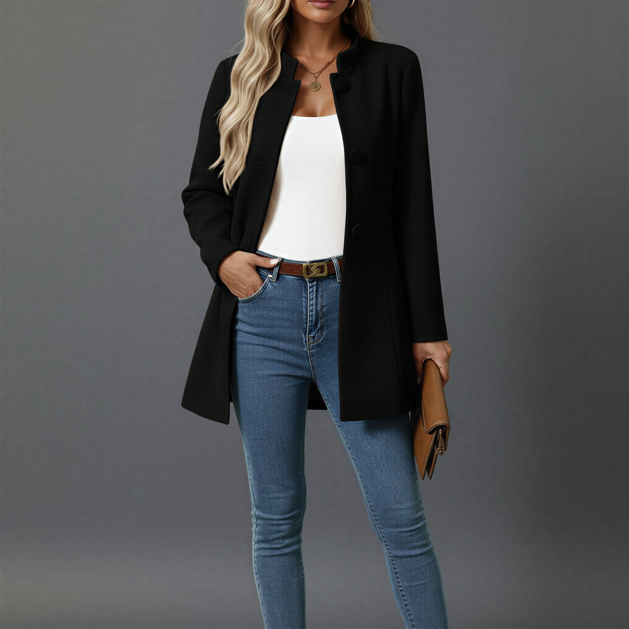 Women’s Button Front A-Line Coat with Stand Collar