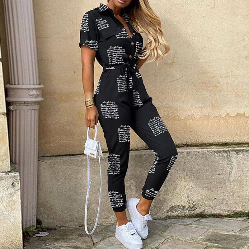 Women’s Belted Short Sleeve Jumpsuit with Button-Down Front