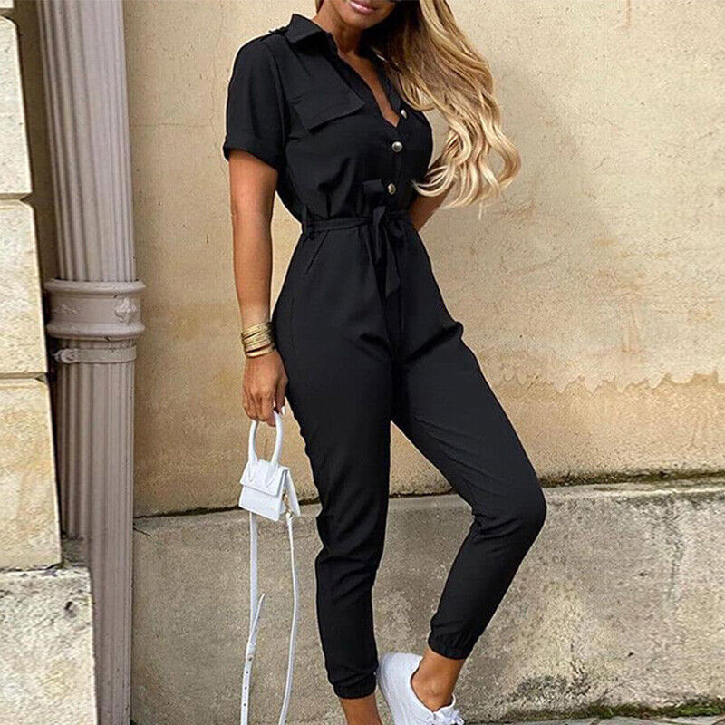 Women’s Belted Short Sleeve Jumpsuit with Button-Down Front