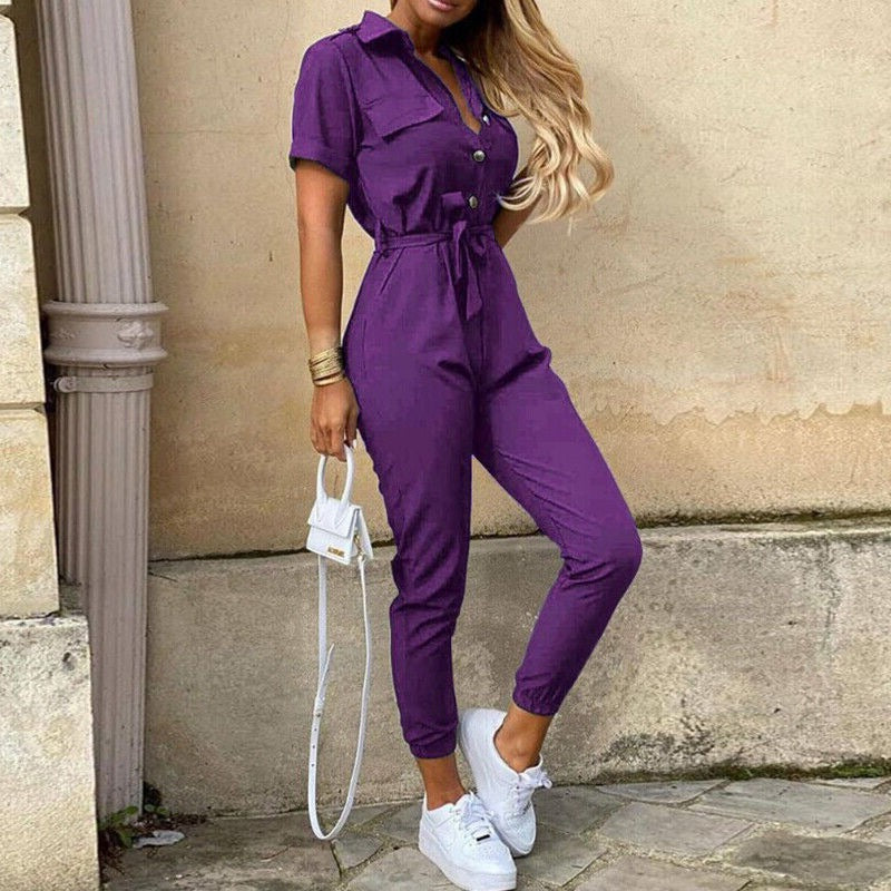 Women’s Belted Short Sleeve Jumpsuit with Button-Down Front