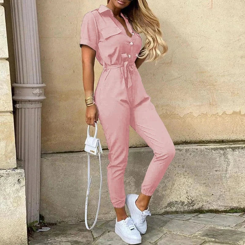 Women’s Belted Short Sleeve Jumpsuit with Button-Down Front
