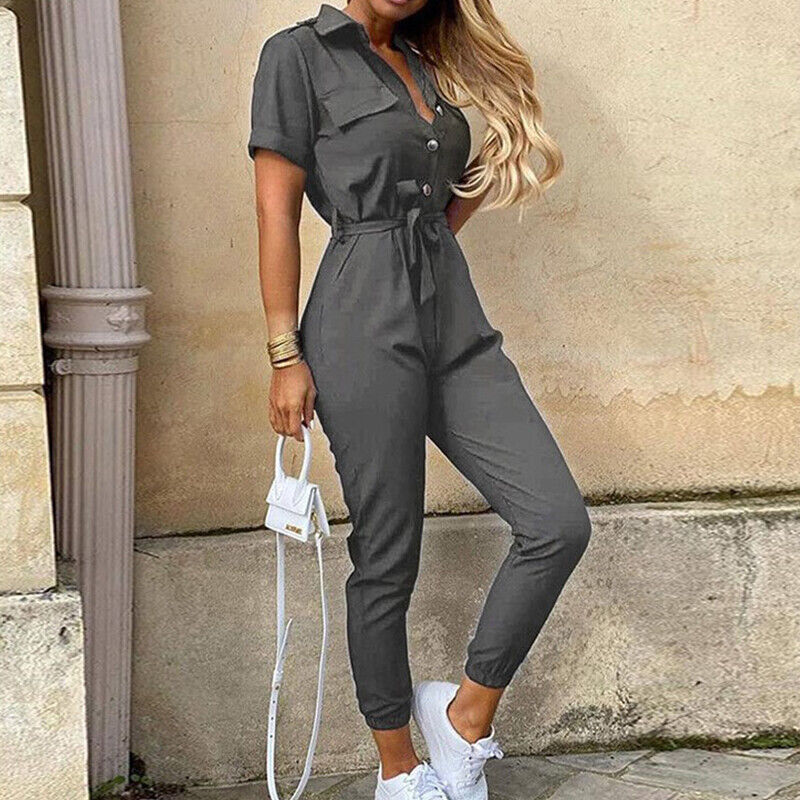Women’s Belted Short Sleeve Jumpsuit with Button-Down Front