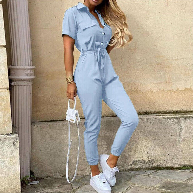 Women’s Belted Short Sleeve Jumpsuit with Button-Down Front