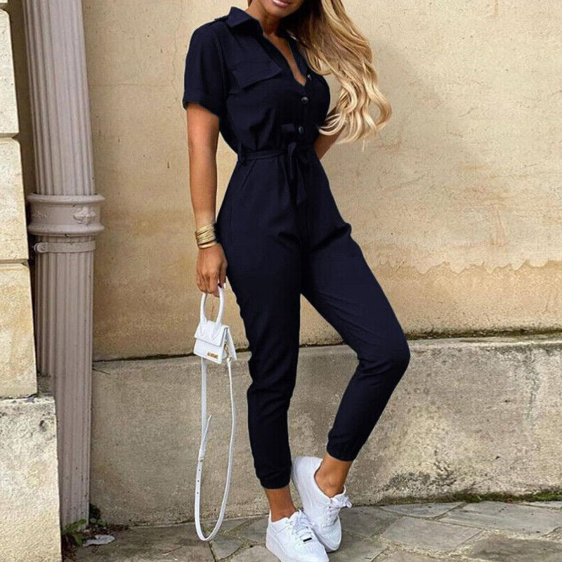 Women’s Belted Short Sleeve Jumpsuit with Button-Down Front