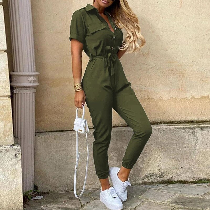 Women’s Belted Short Sleeve Jumpsuit with Button-Down Front