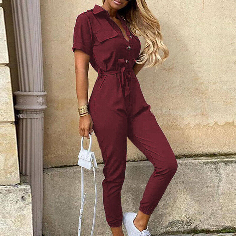 Women’s Belted Short Sleeve Jumpsuit with Button-Down Front