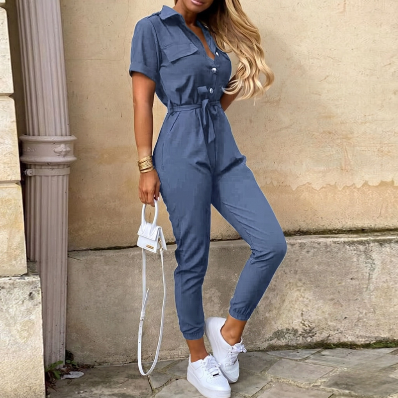 Women’s Belted Short Sleeve Jumpsuit with Button-Down Front
