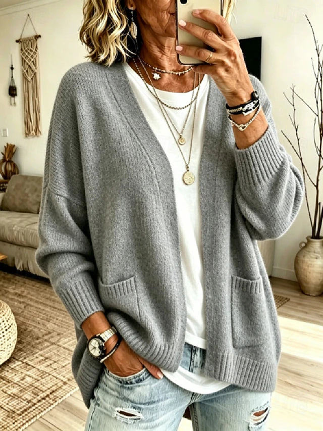 Women’s Long Ribbed V Neck Cardigan with Pockets