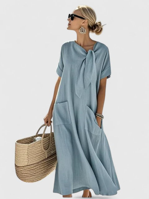 Women’s Summer Maxi Dress with Neck Tie and Pockets