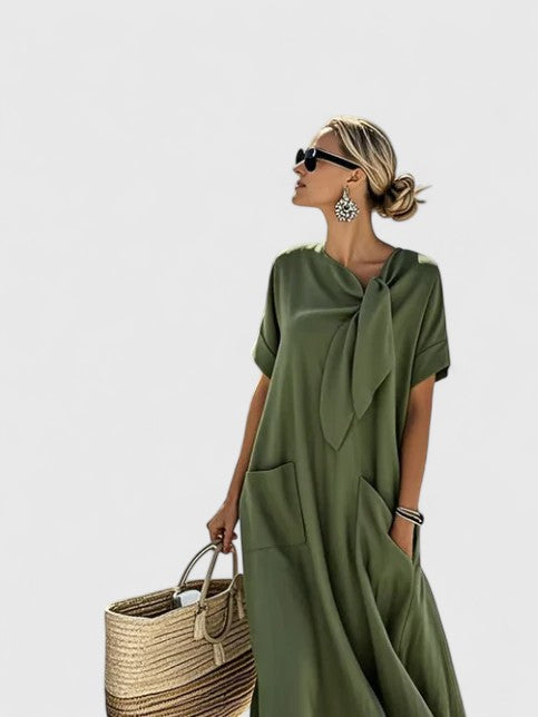 Women’s Summer Maxi Dress with Neck Tie and Pockets