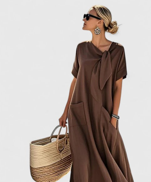 Women’s Summer Maxi Dress with Neck Tie and Pockets