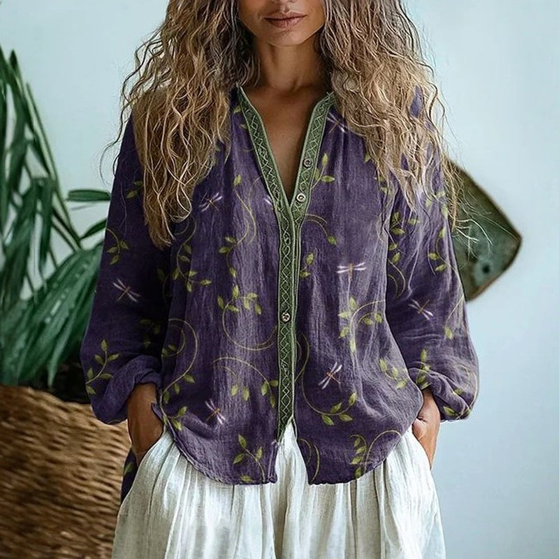 Women’s Embroidered V-Neck Blouse with Long Sleeves