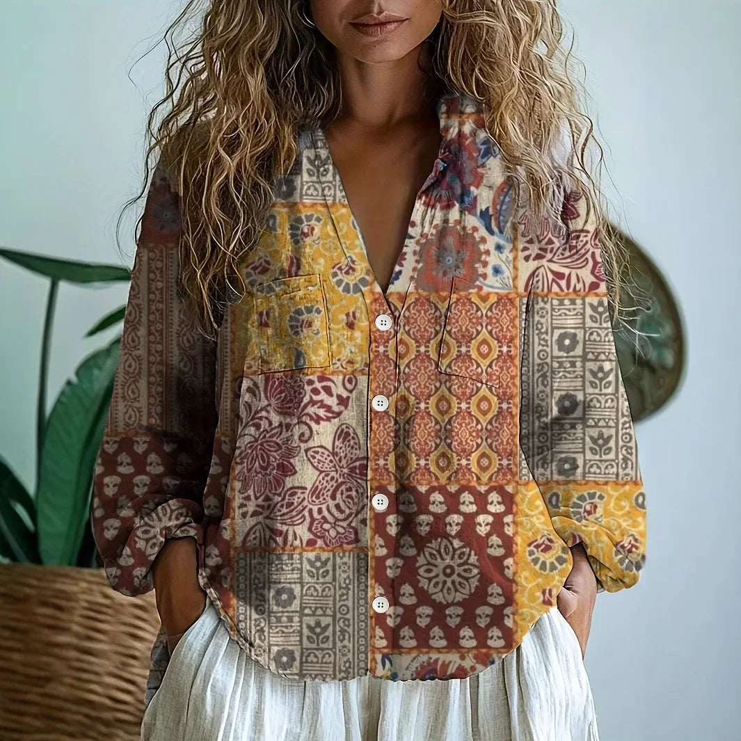 Women’s Embroidered V-Neck Blouse with Long Sleeves