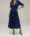 Printed Midi Dress with V Neckline and Button Front