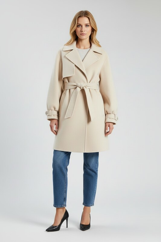 Textured Womens Trench Coat with Wide Lapel and Waist Belt
