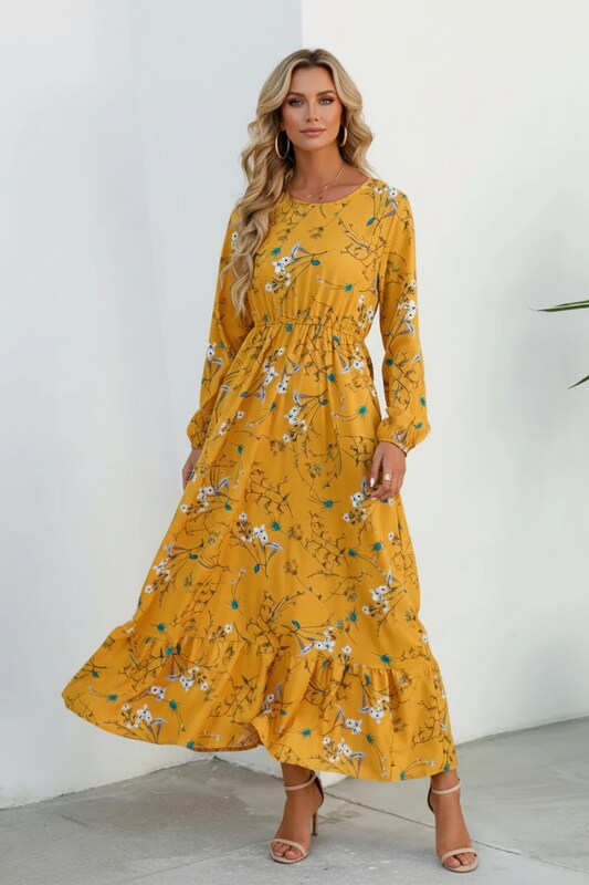 Sommerkjole med Samlet Talje og Blomsterdesign