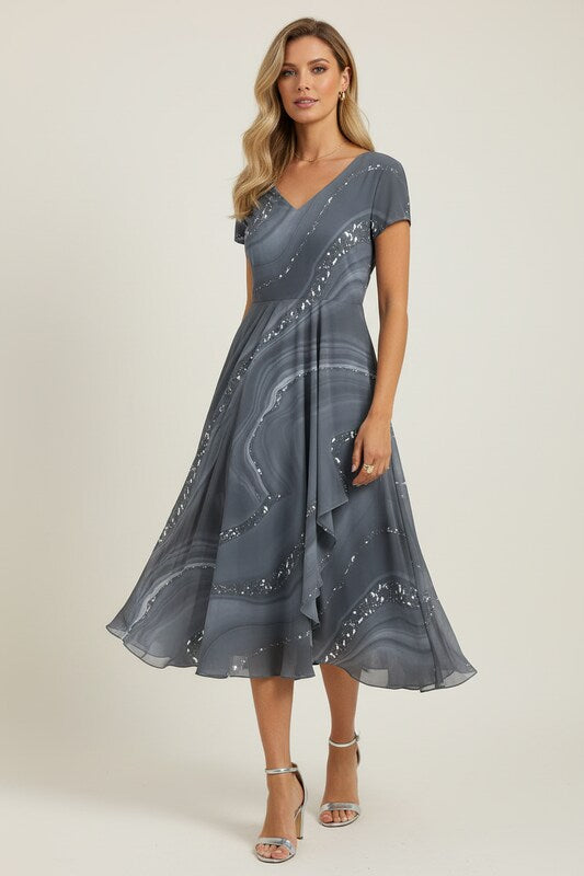 V Neck Midi Dress with Patchwork Detail