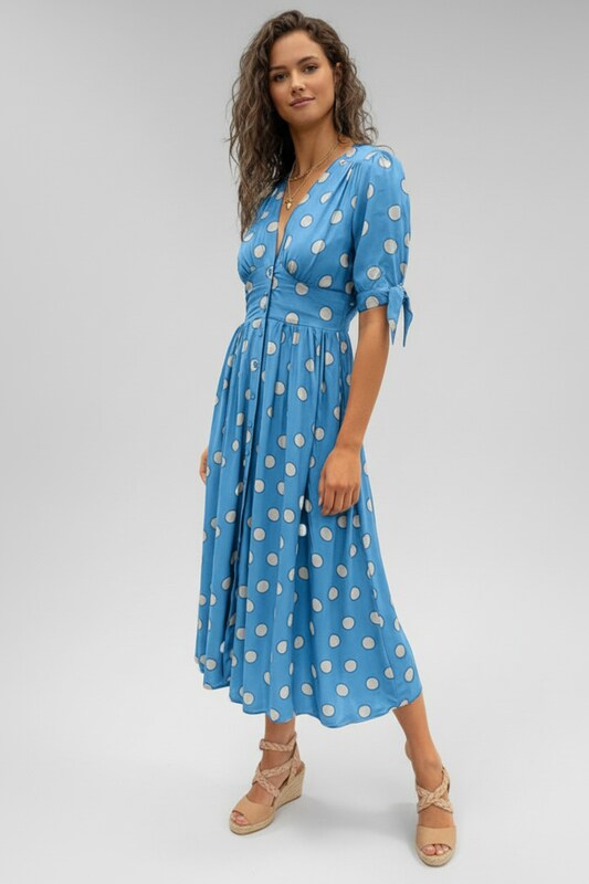 Printed Midi Dress with V Neckline and Button Front