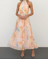 Halter Neck Maxi Dress with Open Back and Artistic Print