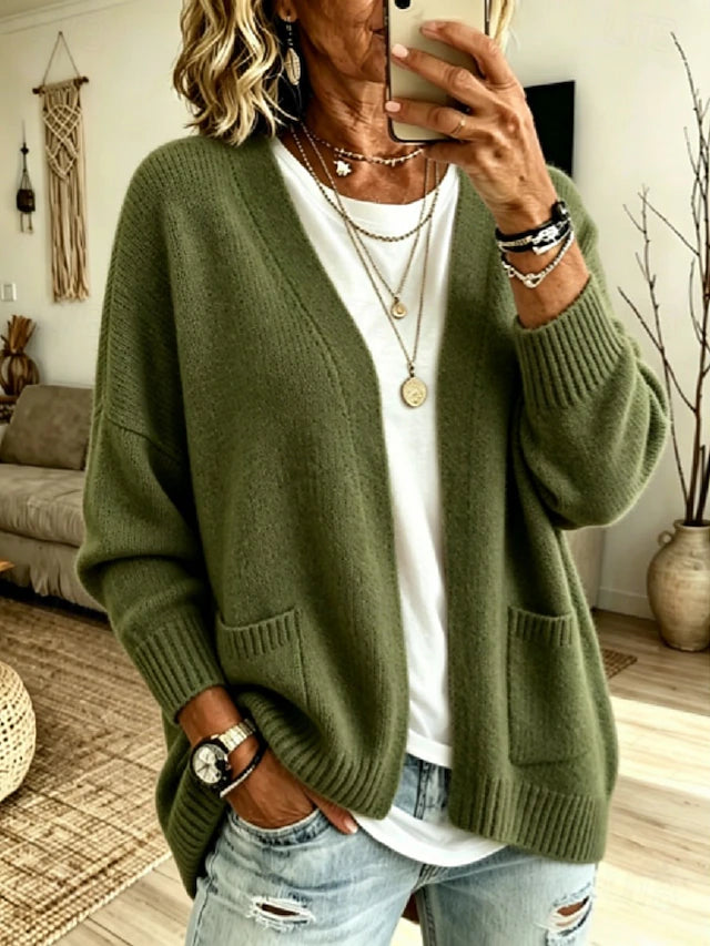 Women’s Long Ribbed V Neck Cardigan with Pockets