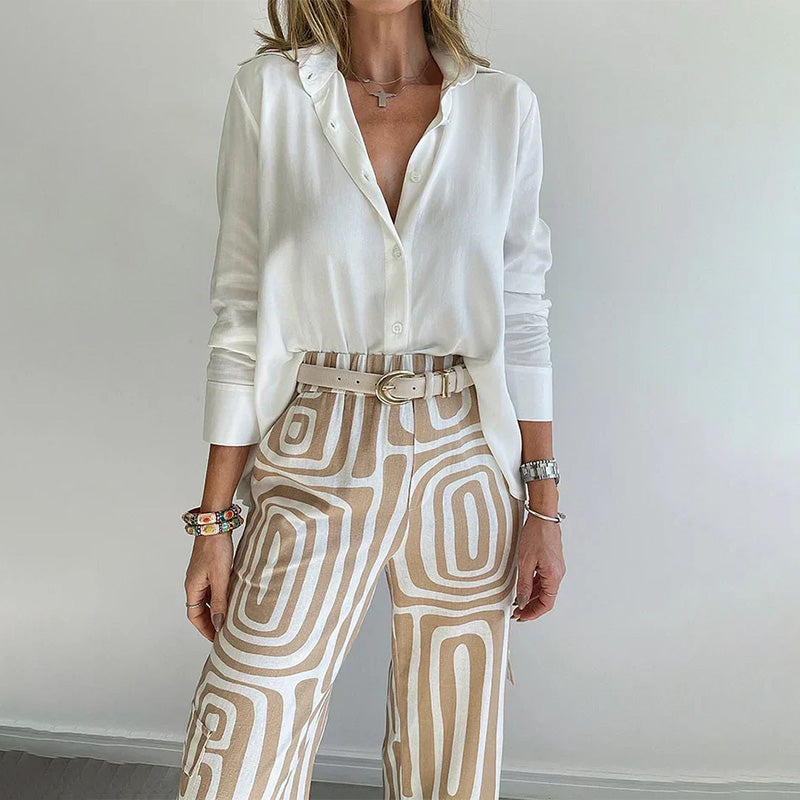 Women’s Elegant Two Piece Set with Flowing Shirt and Patterned Trousers