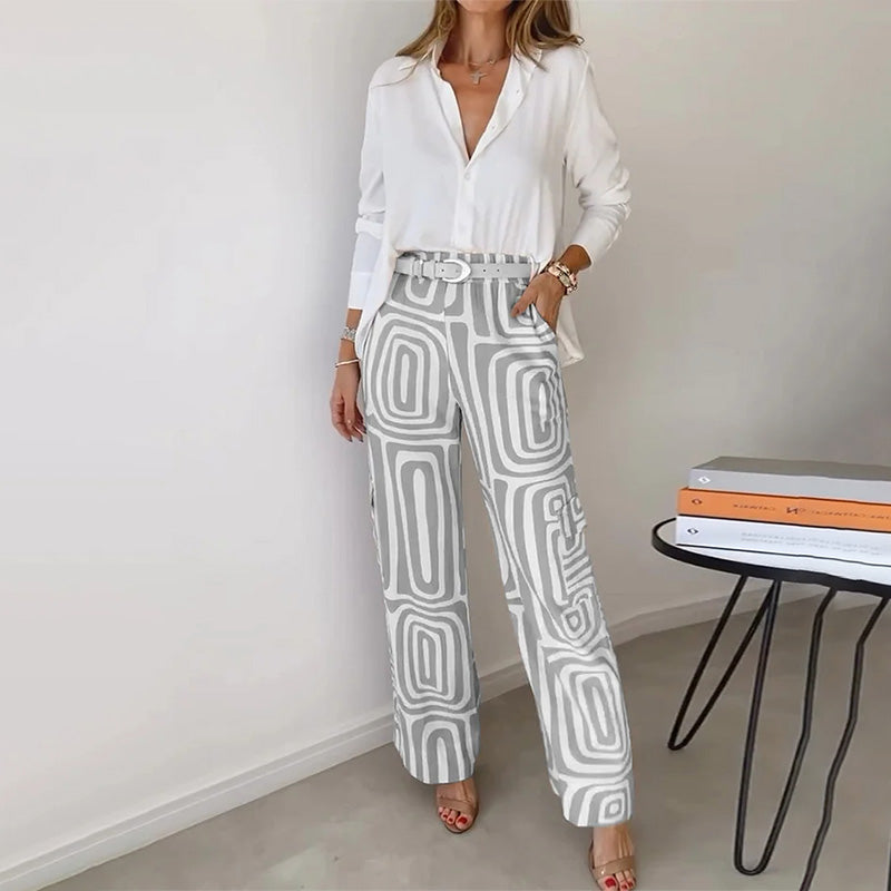 Women’s Elegant Two Piece Set with Flowing Shirt and Patterned Trousers