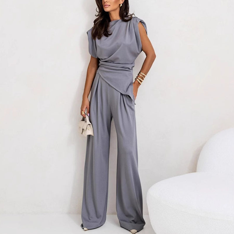 Women’s Elegant Co Ord Set with Draped Top and Wide-Leg Trousers