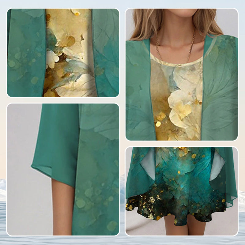 Women’s Elegant Two Piece Set with Layered Blouse and Matching Dress