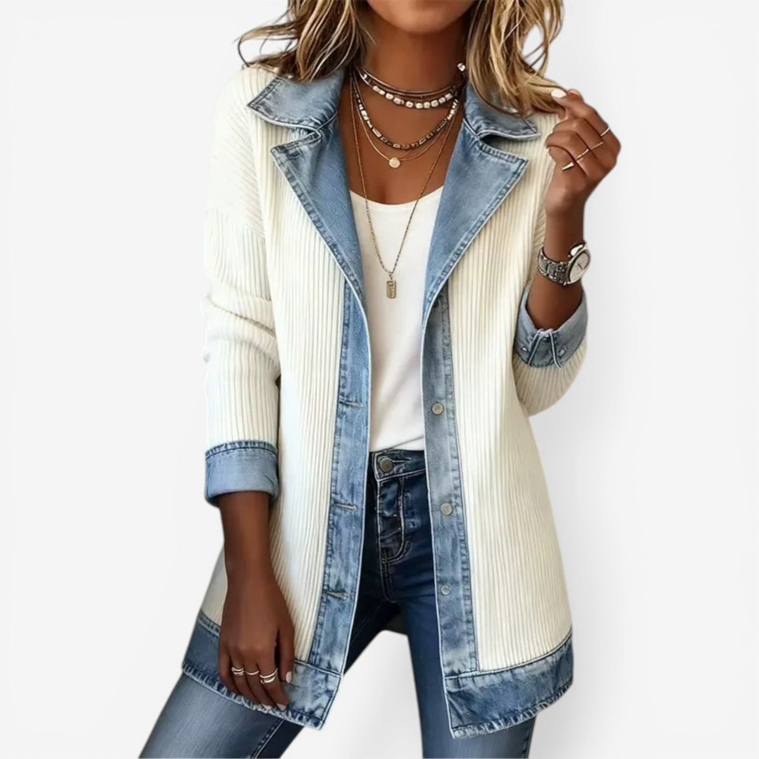 Women’s Knit Denim Hybrid Jacket with Button Front