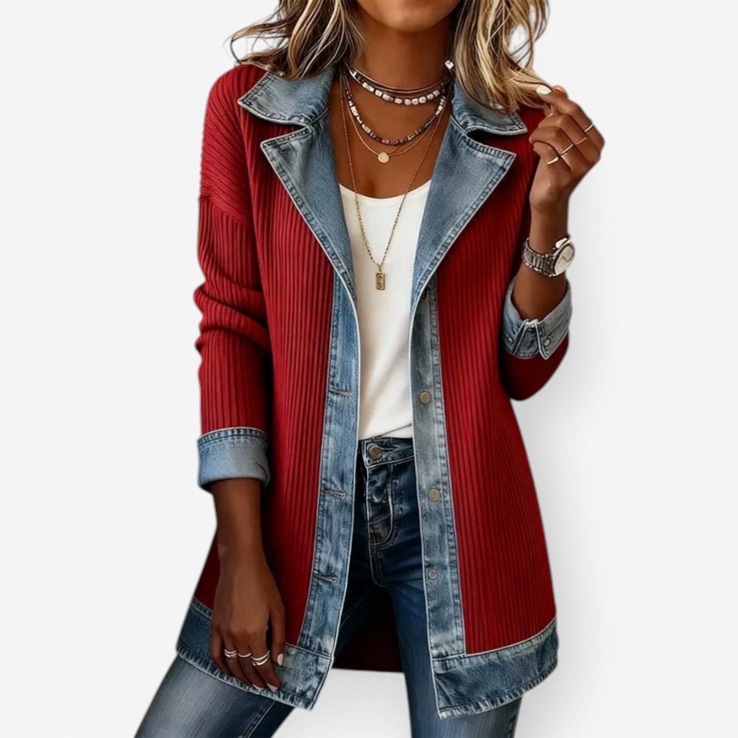 Women’s Knit Denim Hybrid Jacket with Button Front