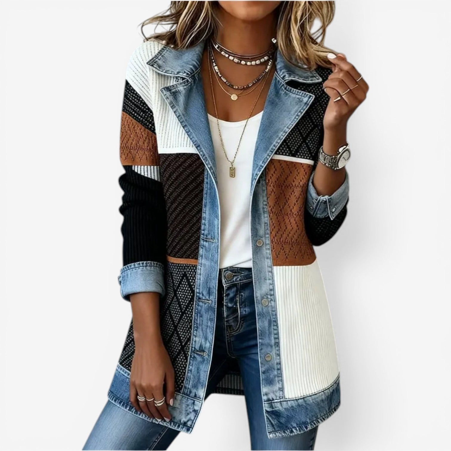 Women’s Knit Denim Hybrid Jacket with Button Front