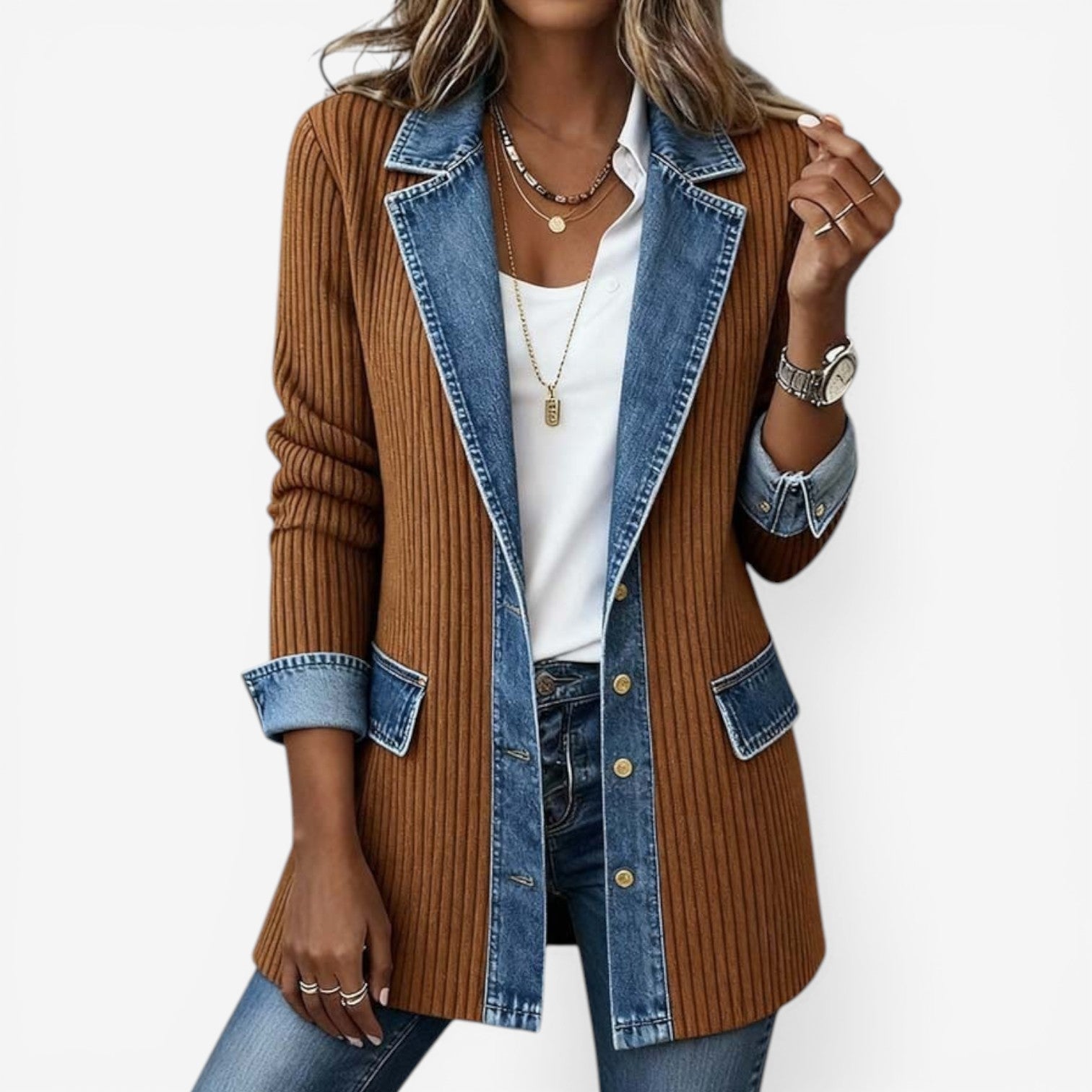Women’s Knit Denim Hybrid Jacket with Button Front