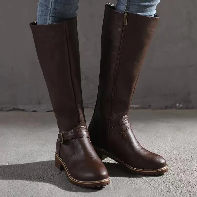 Women’s Orthopedic Leather Boots with Buckle Detail and Zip Closure