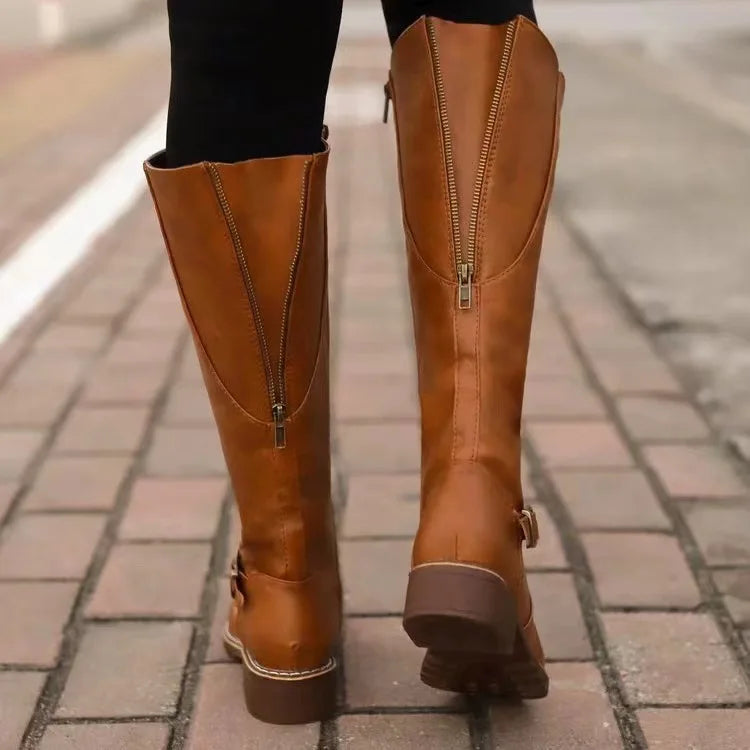 Women’s Orthopedic Leather Boots with Buckle Detail and Zip Closure