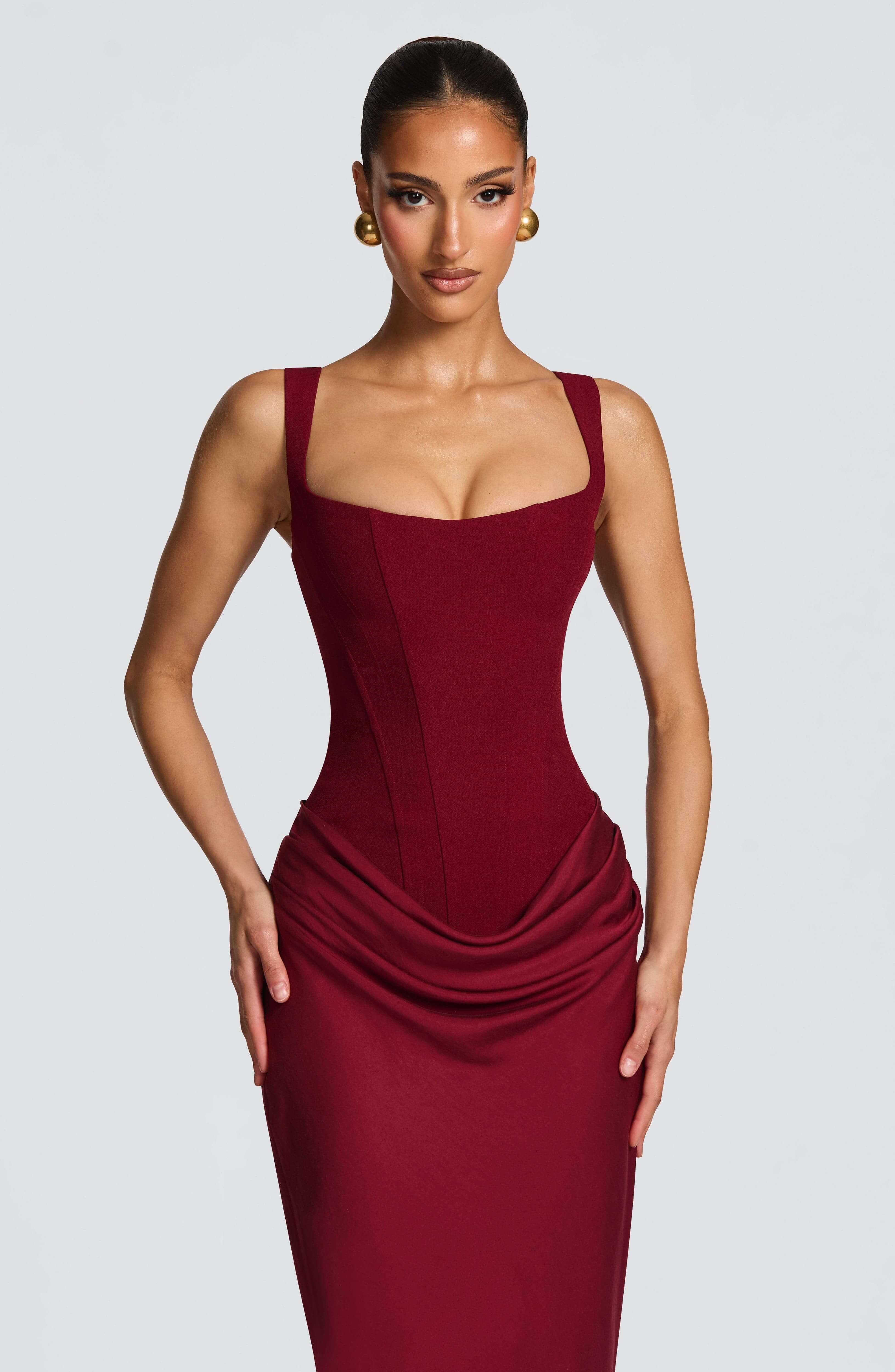 Women's Corset Maxi Wedding Guest Dress with Square Neck and Draped Skirt