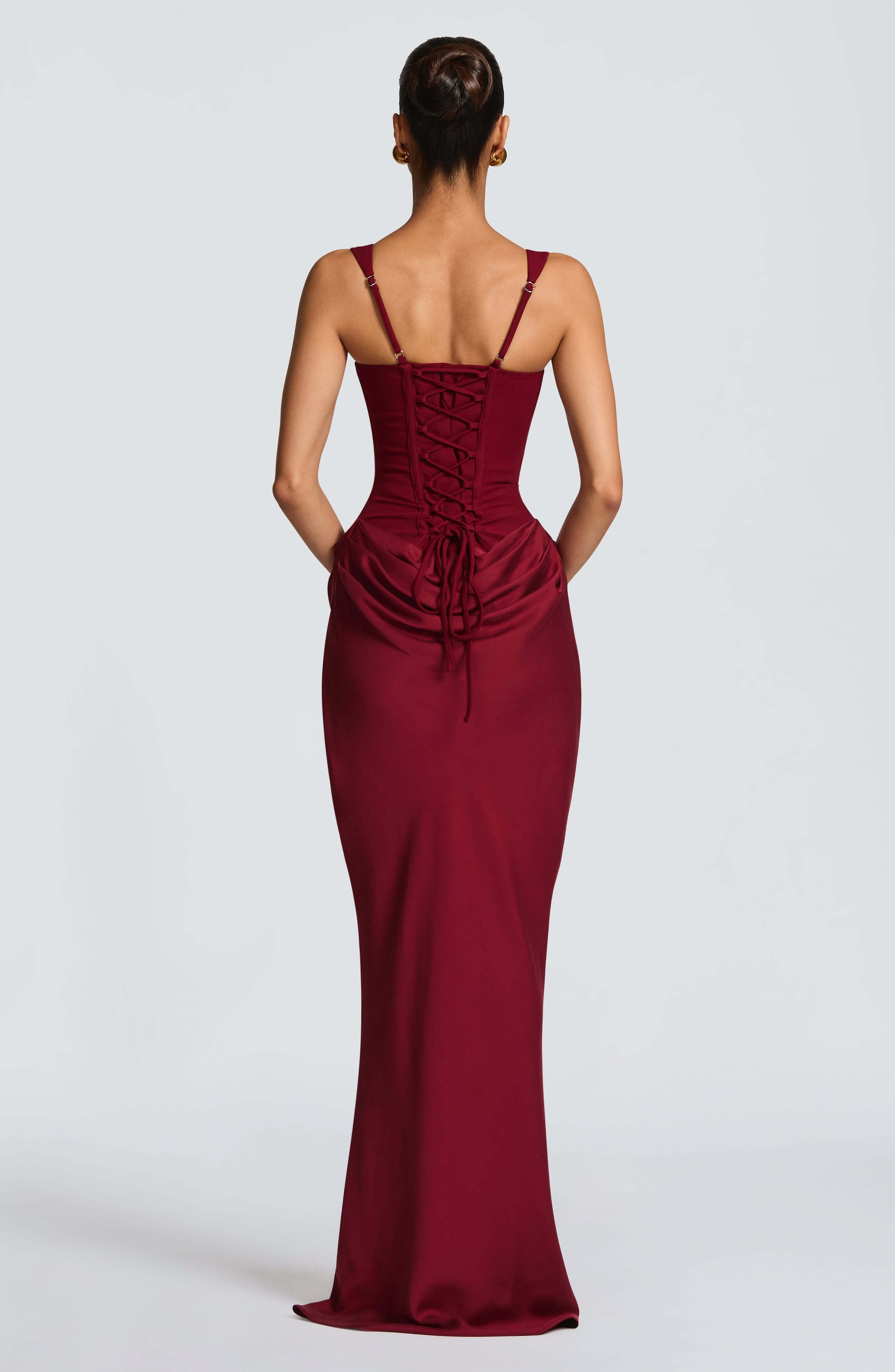Women's Corset Maxi Wedding Guest Dress with Square Neck and Draped Skirt
