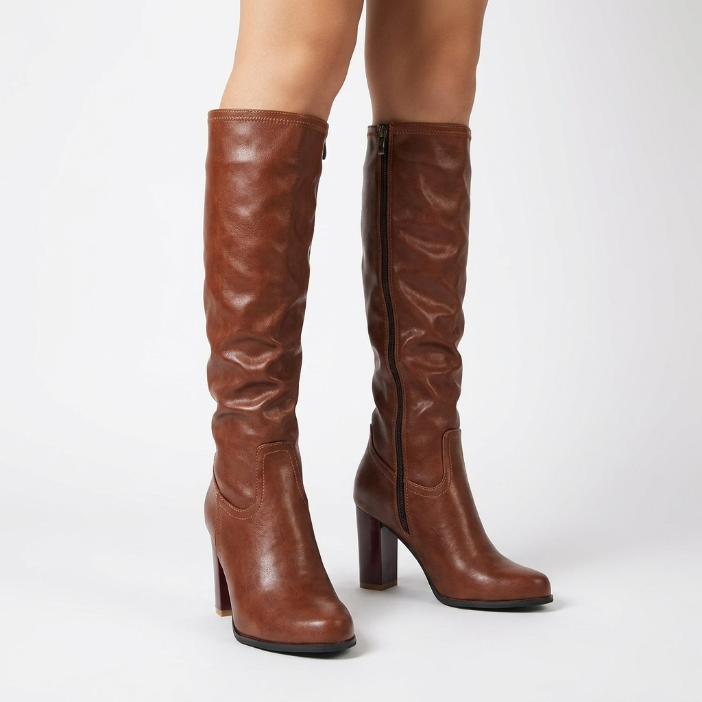Women’s Knee High Boots with Block Heel and Side Zip