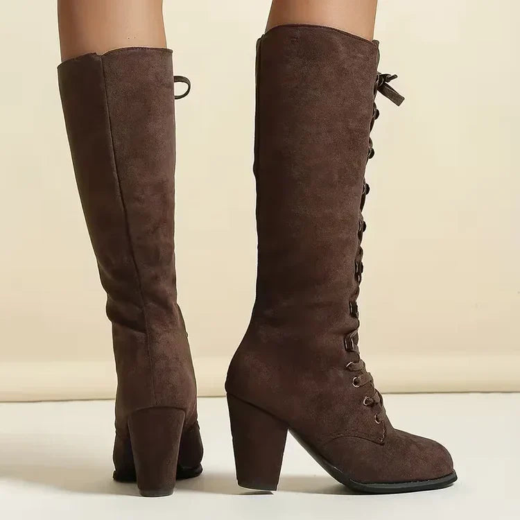 Women’s Lace Up Knee High Boots with Block Heel