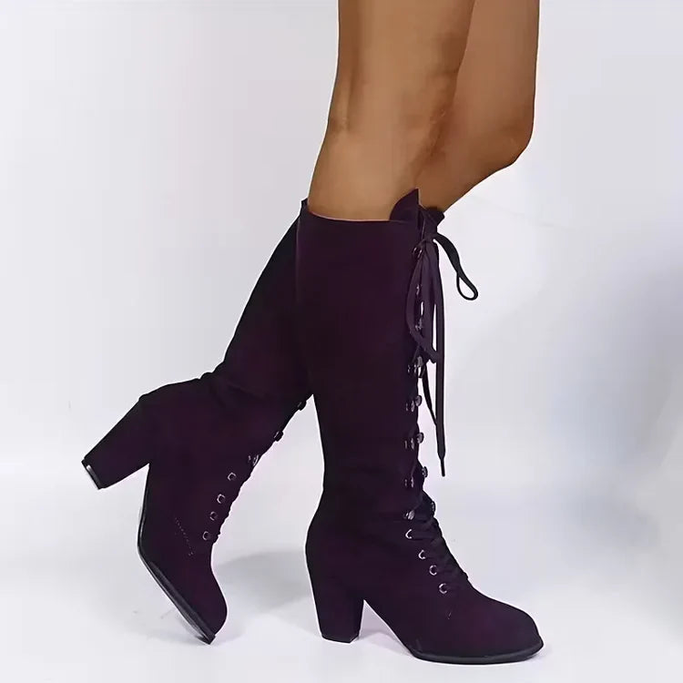 Women’s Lace Up Knee High Boots with Block Heel