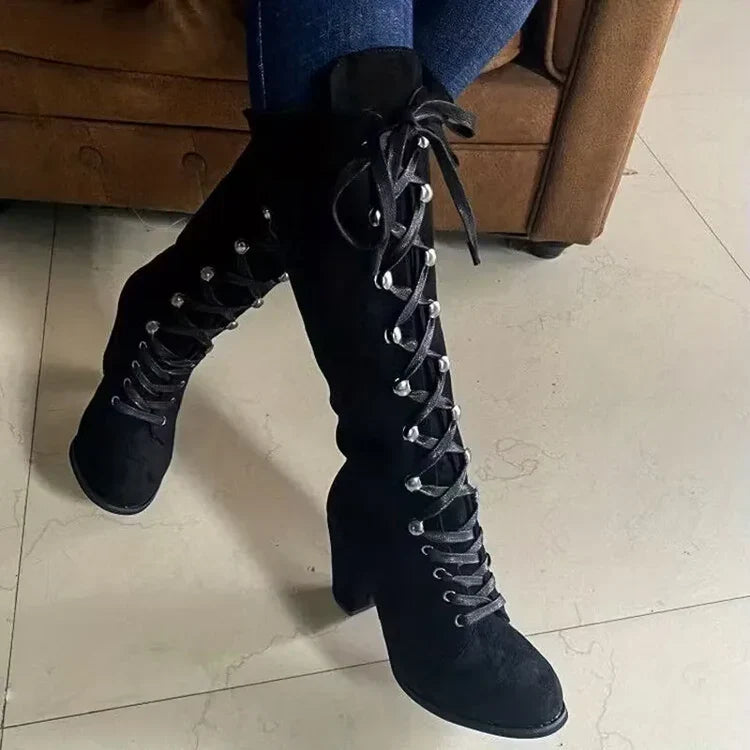 Women’s Lace Up Knee High Boots with Block Heel