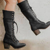 Women’s Leather Look Knee High Boots with Lace Up Front & Block Heel
